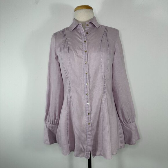 FREDDY B 33 Women's Size Medium 100% Linen Button front Lavender Blouse - Picture 1 of 16